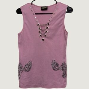 Biker Chick Pink Chain Lace Up Rhinestone Wing Cross Tank Top XL